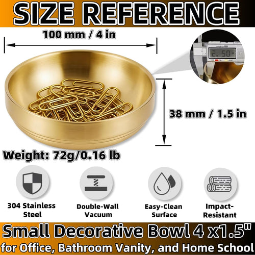 4-Inch Gold Decorative Bowl Paper Clip Holder,Stainless Steel Dual-Purpose Round Small Storage Tray & Cute Jewelry Organizer for Office Desk,Bathroom Vanity,Home & School