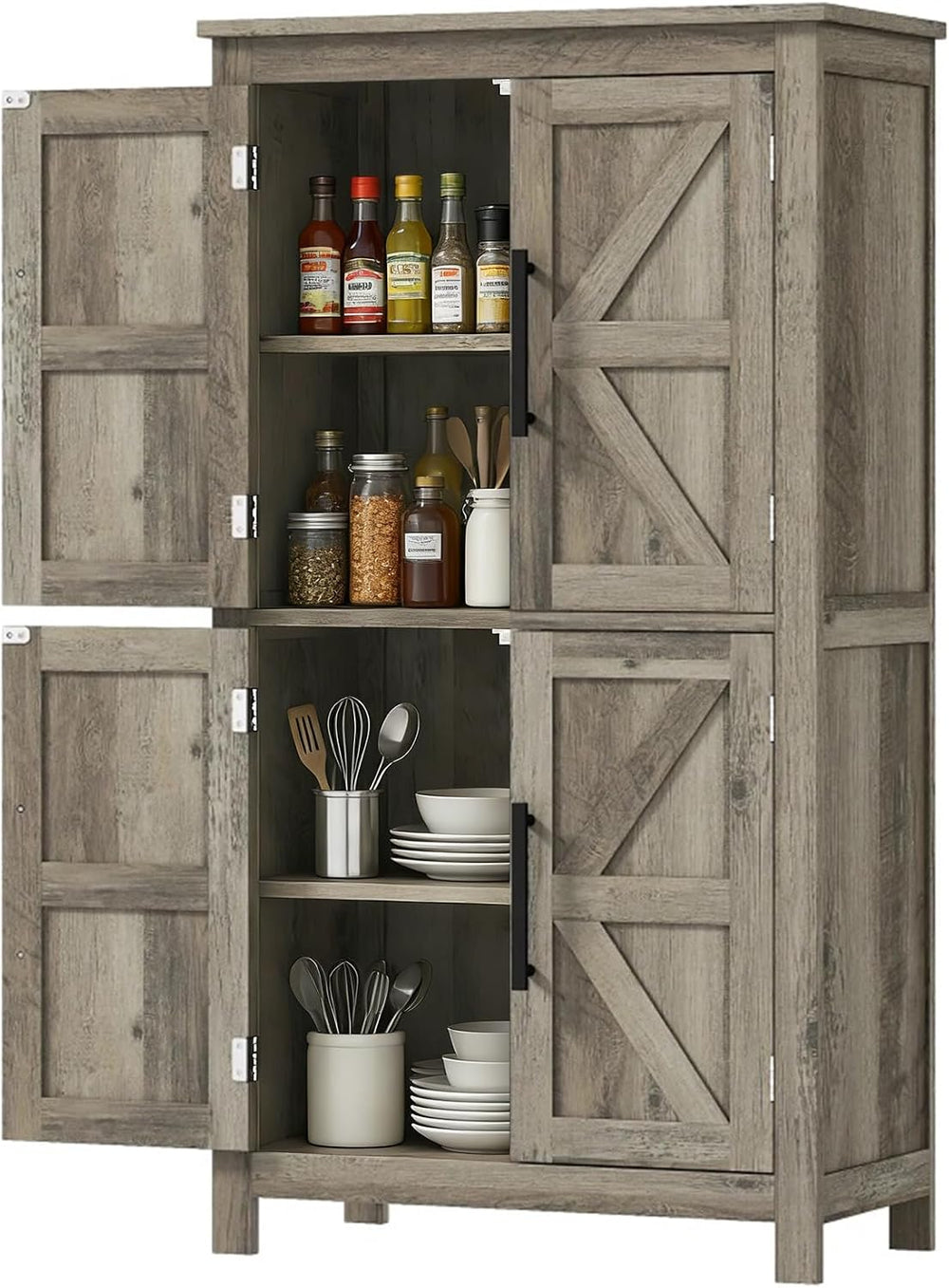 Kitchen Pantry Cabinet, 43.3” Wood Pantry Storage Cabinet with 4 Doors and 2 ...