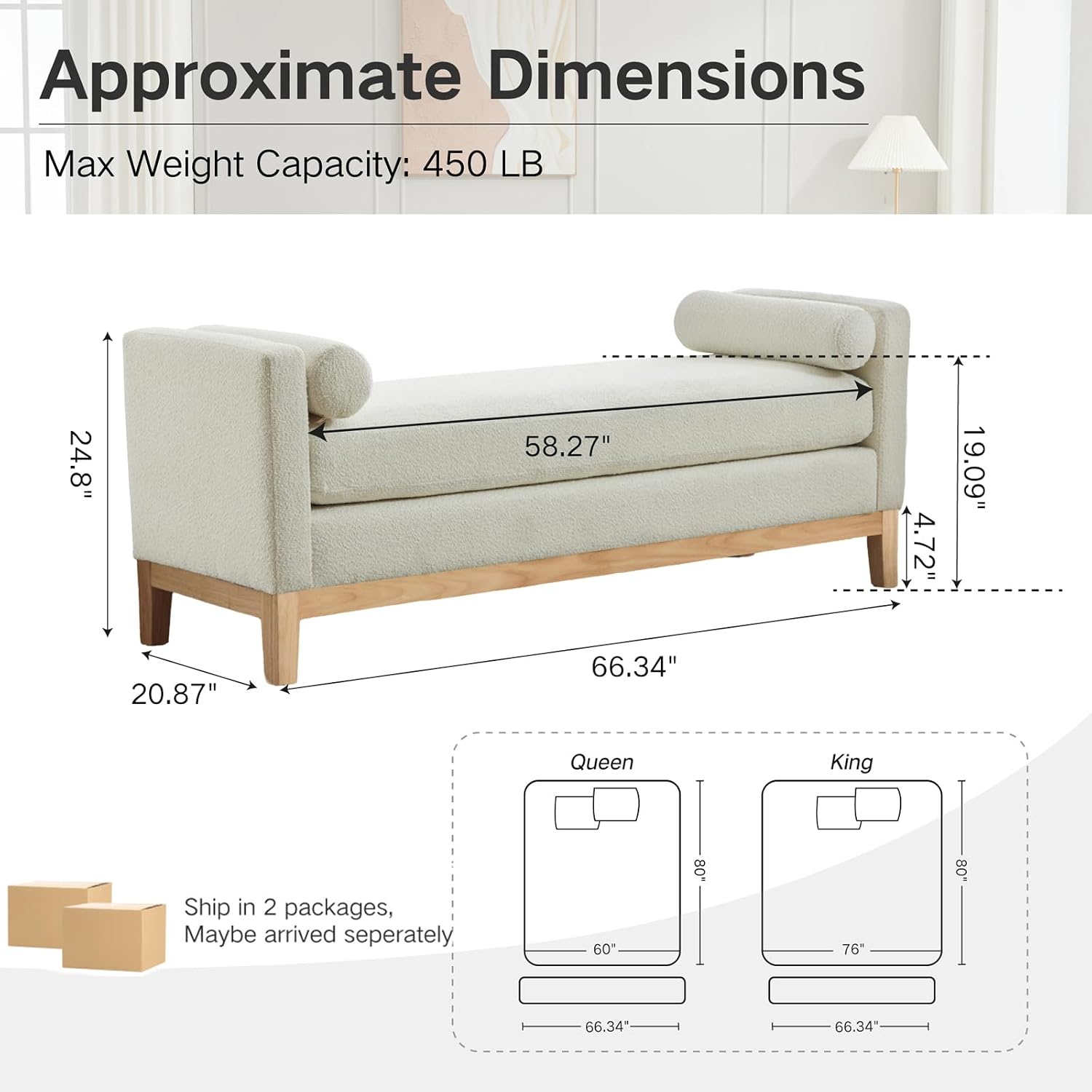 66.34" End of Bed Bench Boucle Fabric Long King Size Bench, White. | Entryway Bench Ottoman Upholstered Extra Long Seat for Bedroom, Entryway, Hallway, Cloakroom, Window Bench.