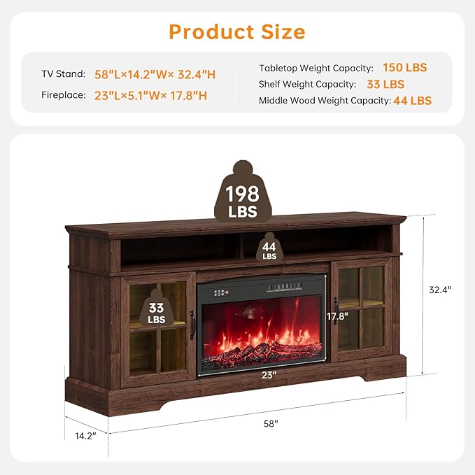 58" TV Stand with Electric Fireplace, Modern Entertainment Center for TVs Up to 80 Inches, Farmhouse Media Console with Storage Cabinets & Doors for Living Room, Brown and Black