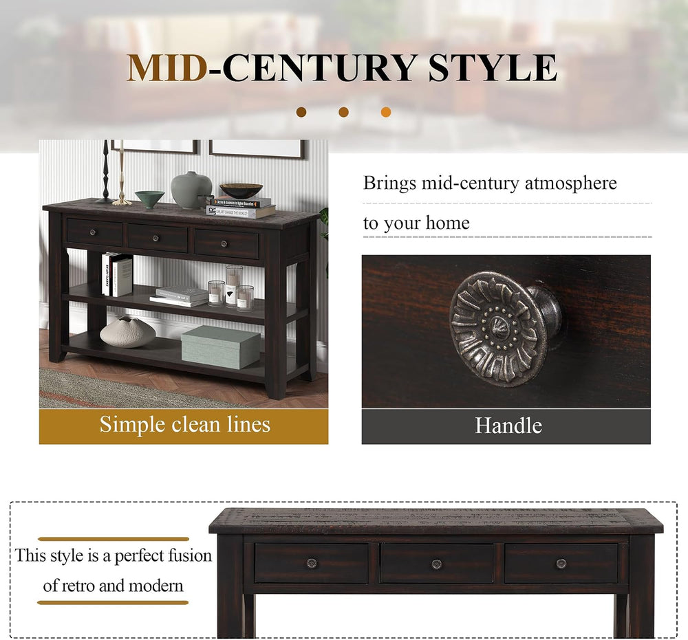 RuiSiSi 48” Console Table with 3 Drawers and 2 Shelves, Farmhouse Wood Sofa T...