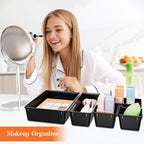 25 PCS Plastic Drawer Organizer Set, 4-Size Versatile Organizer Trays & storage Bins for Makeup, Jewelry, and Gadgets in Bathroom, Bedroom and Office, Black