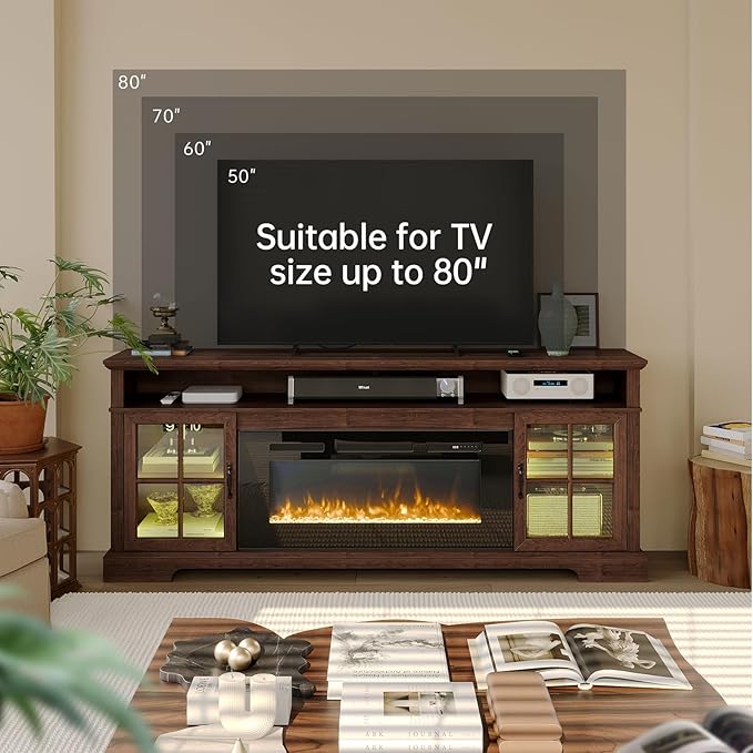 70" Farmhouse TV Stand with 36" Fireplace for TVs up to 80", Media Entertainment Center with Adjustable Shelves and Large Storage Cabinets, for Living Room, Brown & Black
