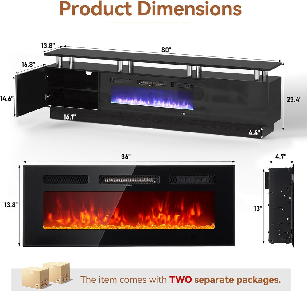 80" Fireplace TV Stand, 2-Tier LED Entertainment Center with 36" Fi...
