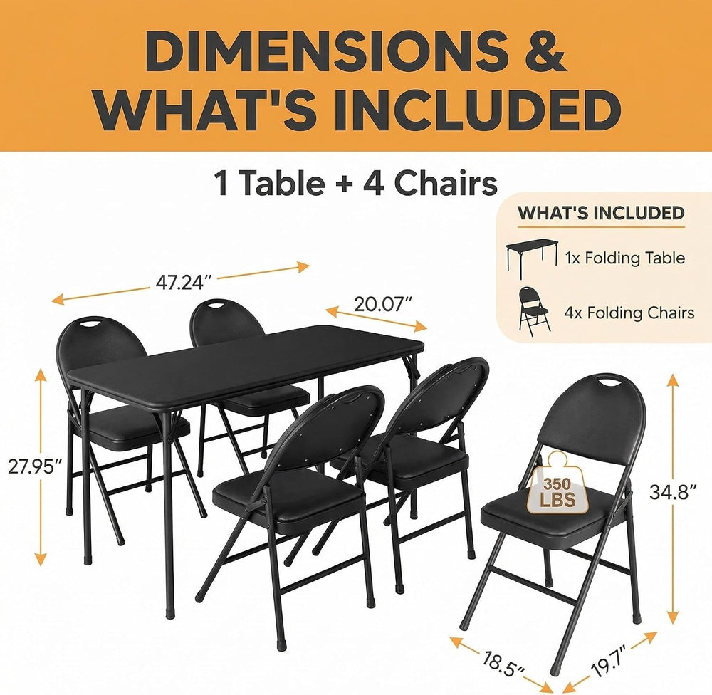 IDEALHOUSE 5 Piece Protable Folding Card Table and Chairs Set, Black | Foldab...