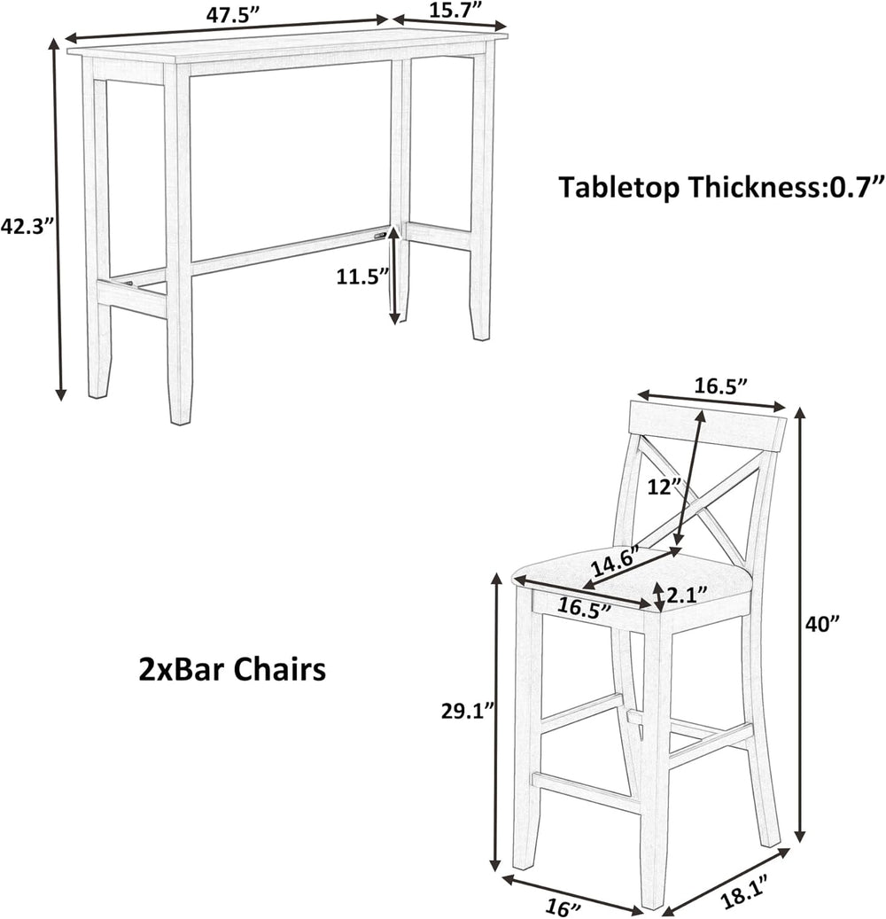 LUMISOL 3 Piece Pub Table and Chair Set, Small Wood Counter Height Bar Table ...