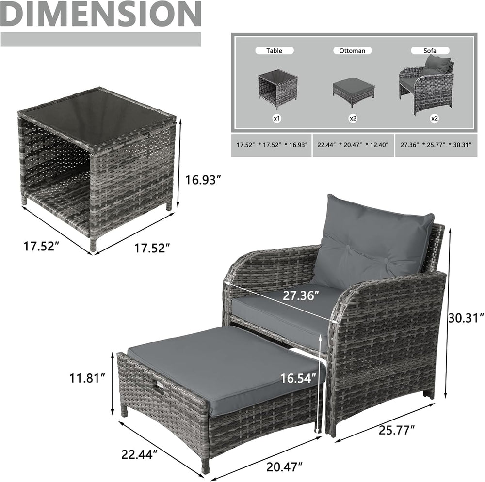 Patio Chair with Ottomans and Table, 5 Piece PE Wicker Rattan Outdoor Patio F...