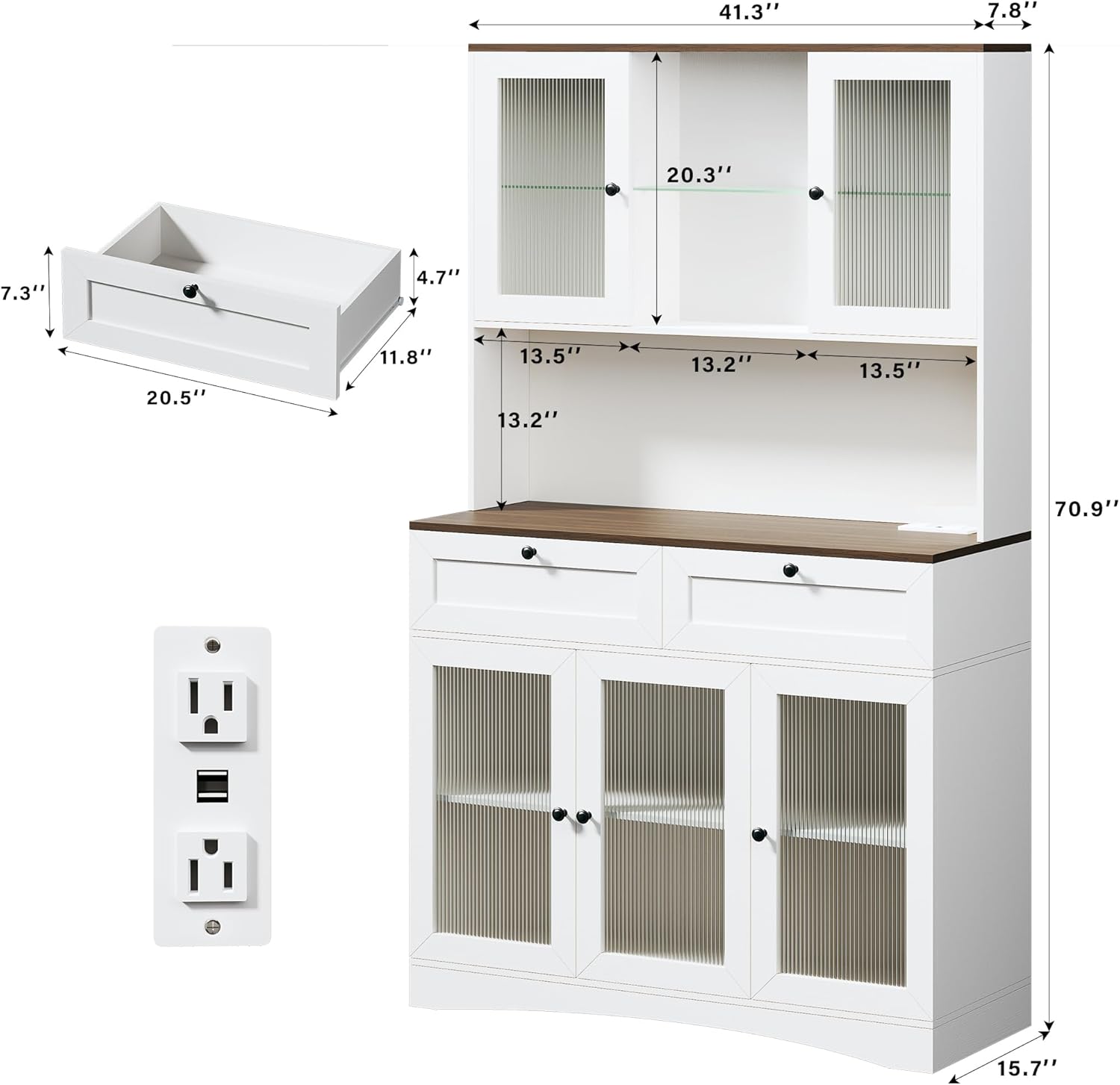 HUAHUU 71" Kitchen Pantry Cabinet with Lights & Acrylic Doors, Pantry Storage Cabinet with Microwave Stand, Kitchen Hutch Food Cabinets with Charging Station, Adjustable Shelves, White