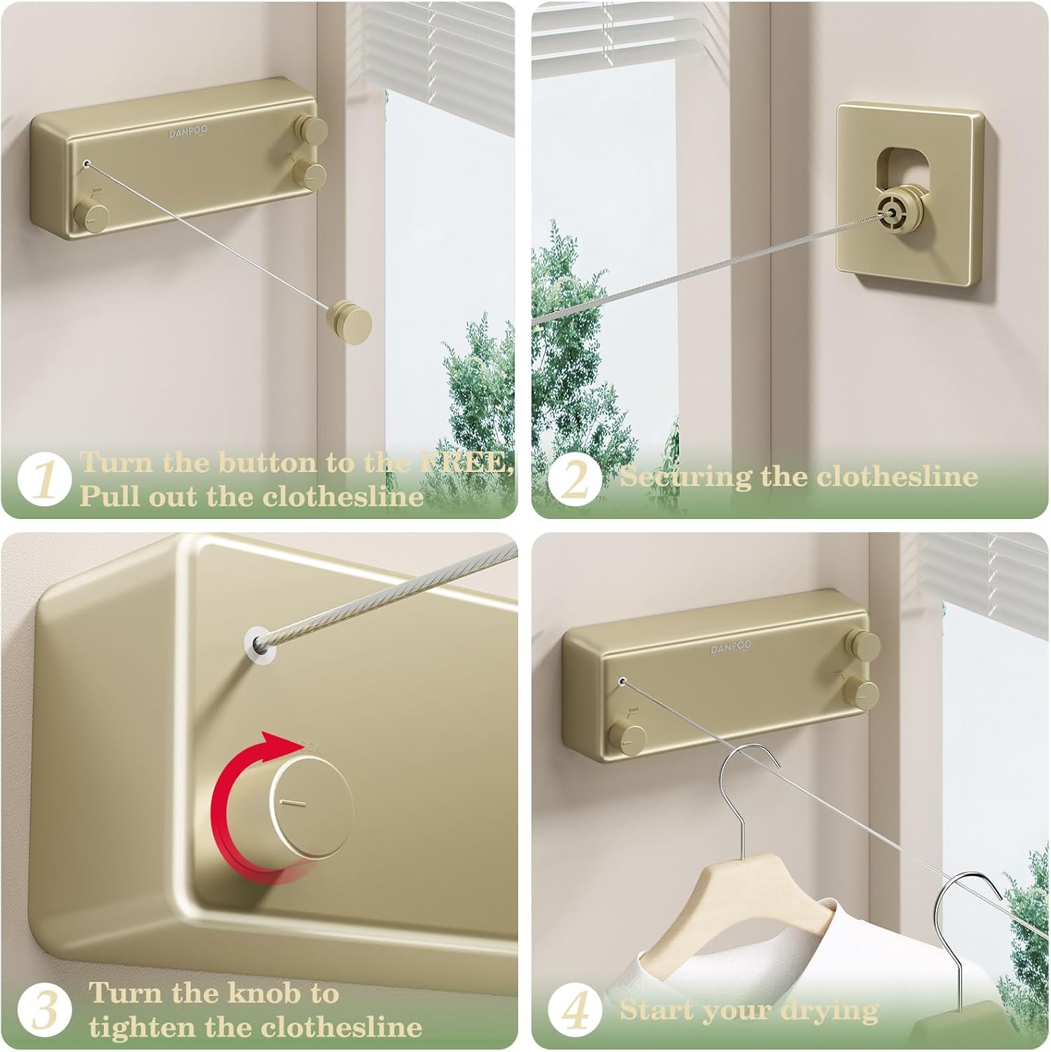Danpro Retractable Clothesline, 2x13.8ft Designer Drying Line for Luxury Bedroom/Closet, Seamless Blending with Modern Interiors(Gold)