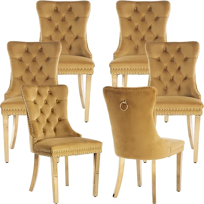 Mid Century Modern Dining Chairs Set of 6, Yellow Velvet Upholstered Tufted Back, Kitchen & Dining Room Chairs, Gold Metal Legs, Nailhead Trim, Sillas para Comedor (Yellow, 6 Pcs)