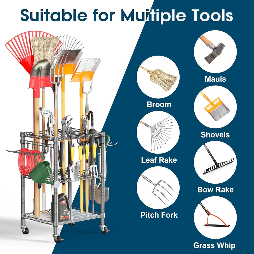 T1 Garden Tool Organizer（with Lockable Wheels） Heavy Duty Garage Tool Storage for Yard，Shed，Outdoor and Lawn，Freestanding Tool Organizers and Storage UP to 50 Tools，Grey with Anti-Tip Device
