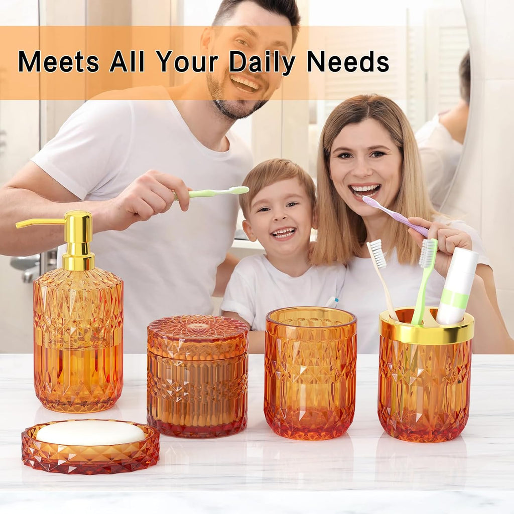 Orange Bathroom Accessories Set, 5 Pcs Clear Glass Bathroom Accessories with Lotion Soap Dispenser, Soap Dish, Toothbrush Holder, Tumbler, Cotton Swab Jars