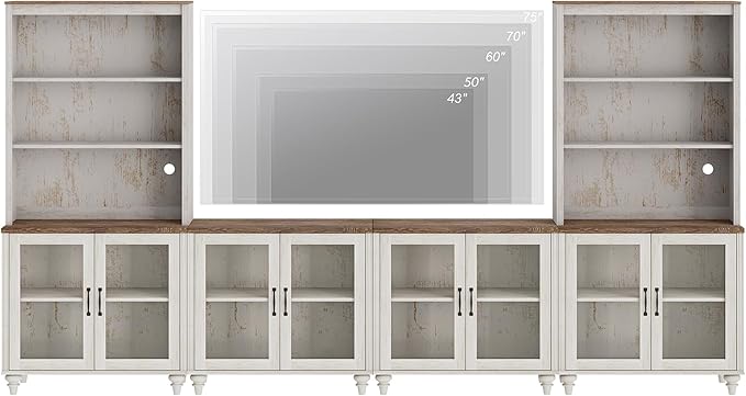 WAMPAT Entertainment Center with Bookshelves for TVs up to 75", Farmhouse Wall Unit TV Stand with Glass Doors, Media Console Table for Living Room, Bedroom & Home Theater, Rustic White