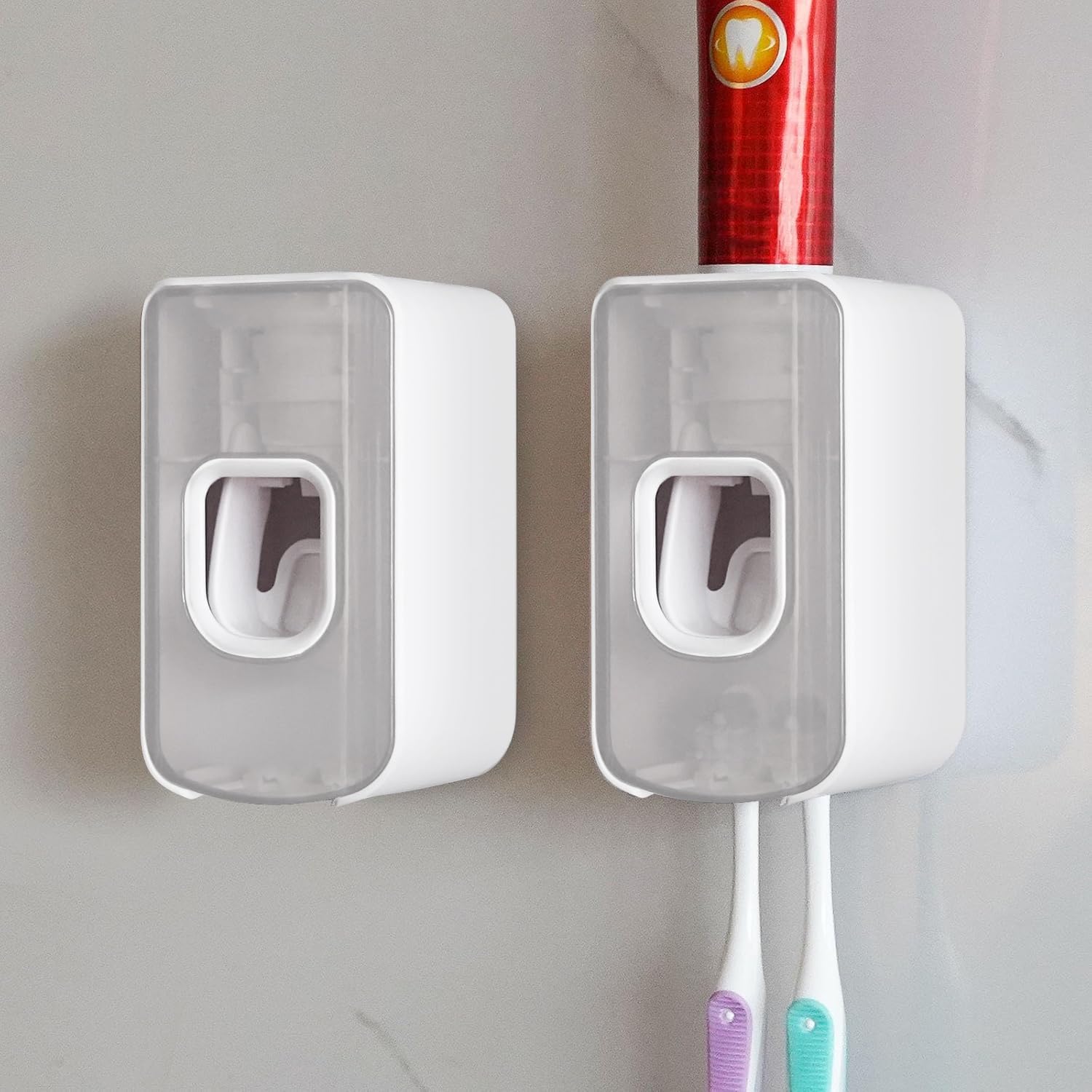 2 Slot Toothbrush Holder and Toothpaste Dispenser Wall Mounted, Automatic Toothpaste Squeezer, 2 in 1 Tooth Brush Toothpaste Organizer for Shower (Clear 2Pack)