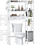 Over The Toilet Storage with 2 Drawers - 7 Tier Bathroom Organizer with Adjustable Shelf, Freestanding Space Saver Storage Rack Above Toilet Stand with 4 Hooks for Restroom, Laundry, White