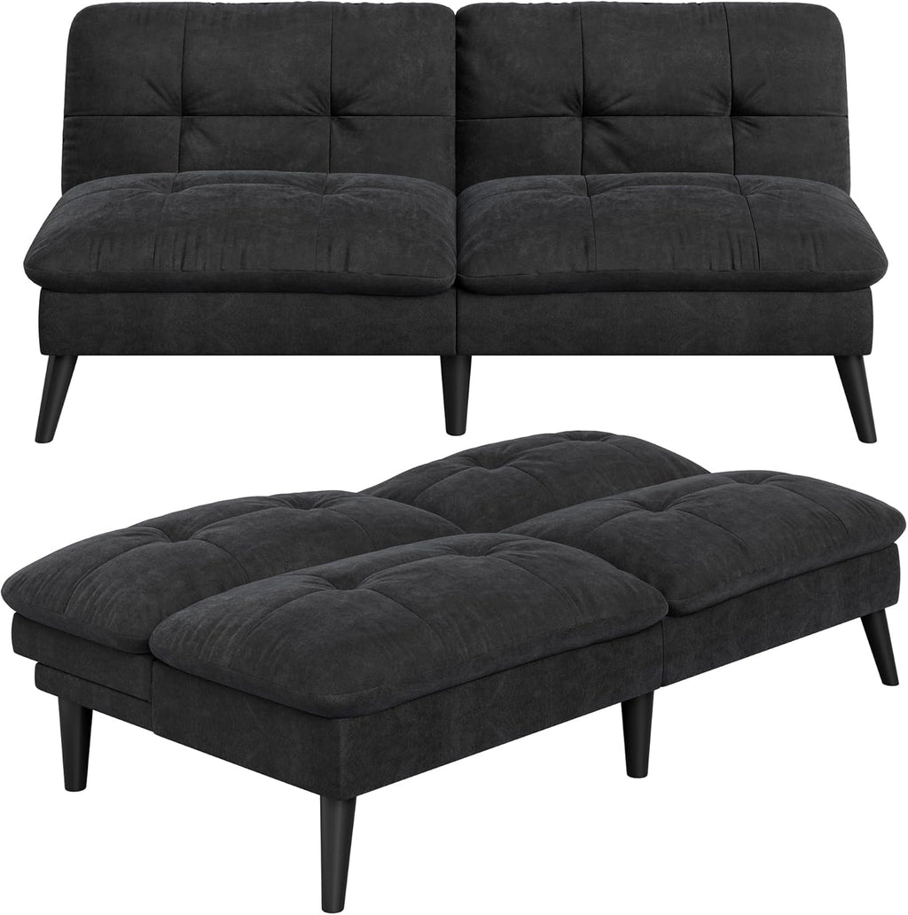 Vongrasig Futon Sofa Bed Velvet Futon Couch with Adjustable Backrest, Small Convertible Folding Sleeper Sofa Bed, Modern Loveseat for Living Room, Bedroom and Small Space, (Black)