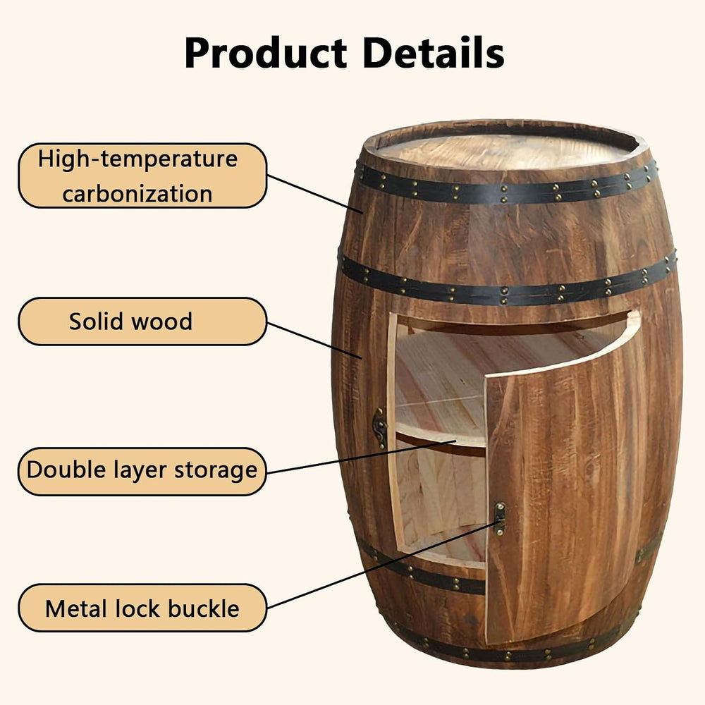 Rustic Wooden Wine Barrel Table - 2-Tier Display Cabinet with Door, Stylish A...