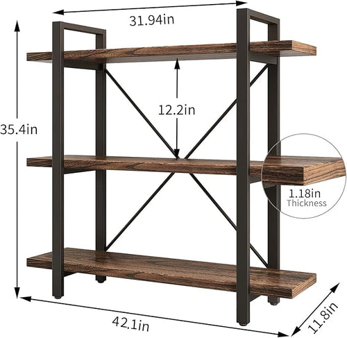 3 Tier Bookshelf Modern Rustic Open Bookshelf Office Solid Wood Bookcase and Book Shelves Wood and Metal Shelving Unit,Distressed Brown (AY-02-3Tier)