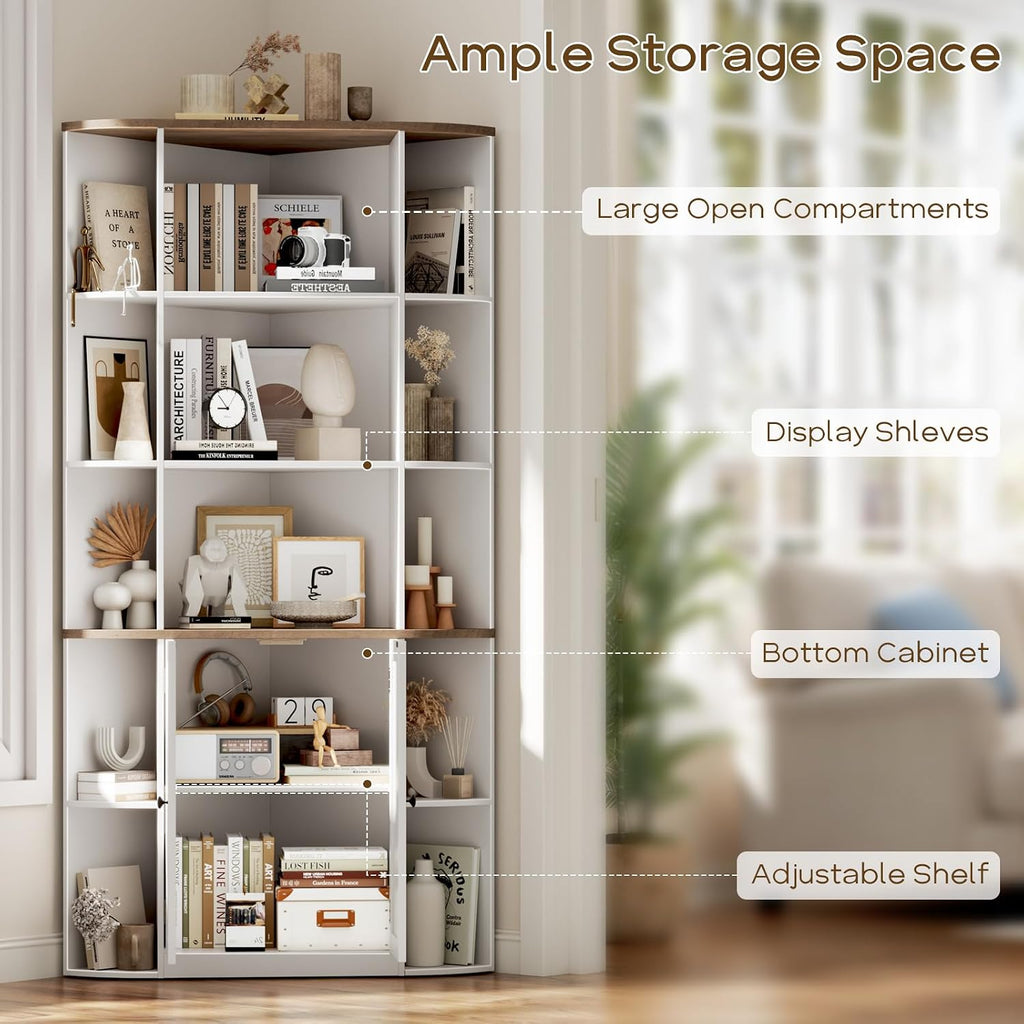 Halitaa Corner Storage Cabinet, 67" White Brown Tall Corner Bookshelf | 67'' Farmhouse Storage Shelf with Bottom Cabinet and Ajustable Shelf for Study, Living Room and Kitchen, White and Brown