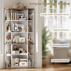 Halitaa Corner Storage Cabinet, 67" White Brown Tall Corner Bookshelf | 67'' Farmhouse Storage Shelf with Bottom Cabinet and Ajustable Shelf for Study, Living Room and Kitchen, White and Brown