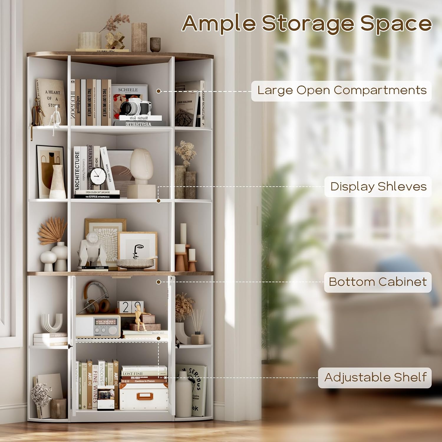 Halitaa Corner Storage Cabinet, 67" White Brown Tall Corner Bookshelf | 67'' Farmhouse Storage Shelf with Bottom Cabinet and Ajustable Shelf for Study, Living Room and Kitchen, White and Brown