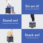 dbest products Quik Cart Collapsible Rolling Crate on Wheels for Teachers Tote Basket, 80 lbs Capacity, Blue Lid Made from Heavy Duty Plastic and used as a Seat