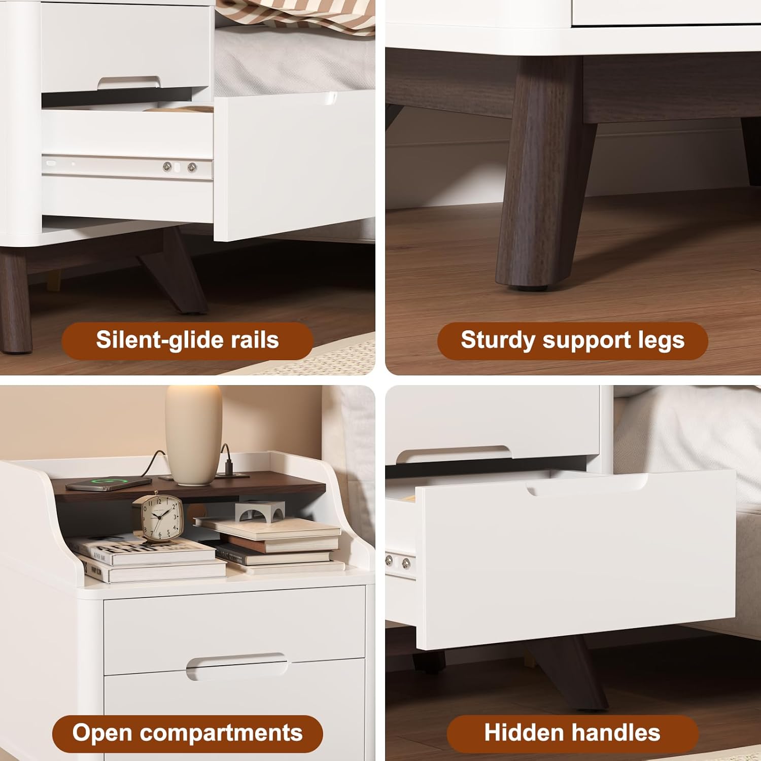 Nightstand with Charging Station, 21" Tall Nightstand w/2 Storage Drawers, Wood Night Stand with Hidden Handle, 17'' Wide Modern Bedside Table for Bedroom, White