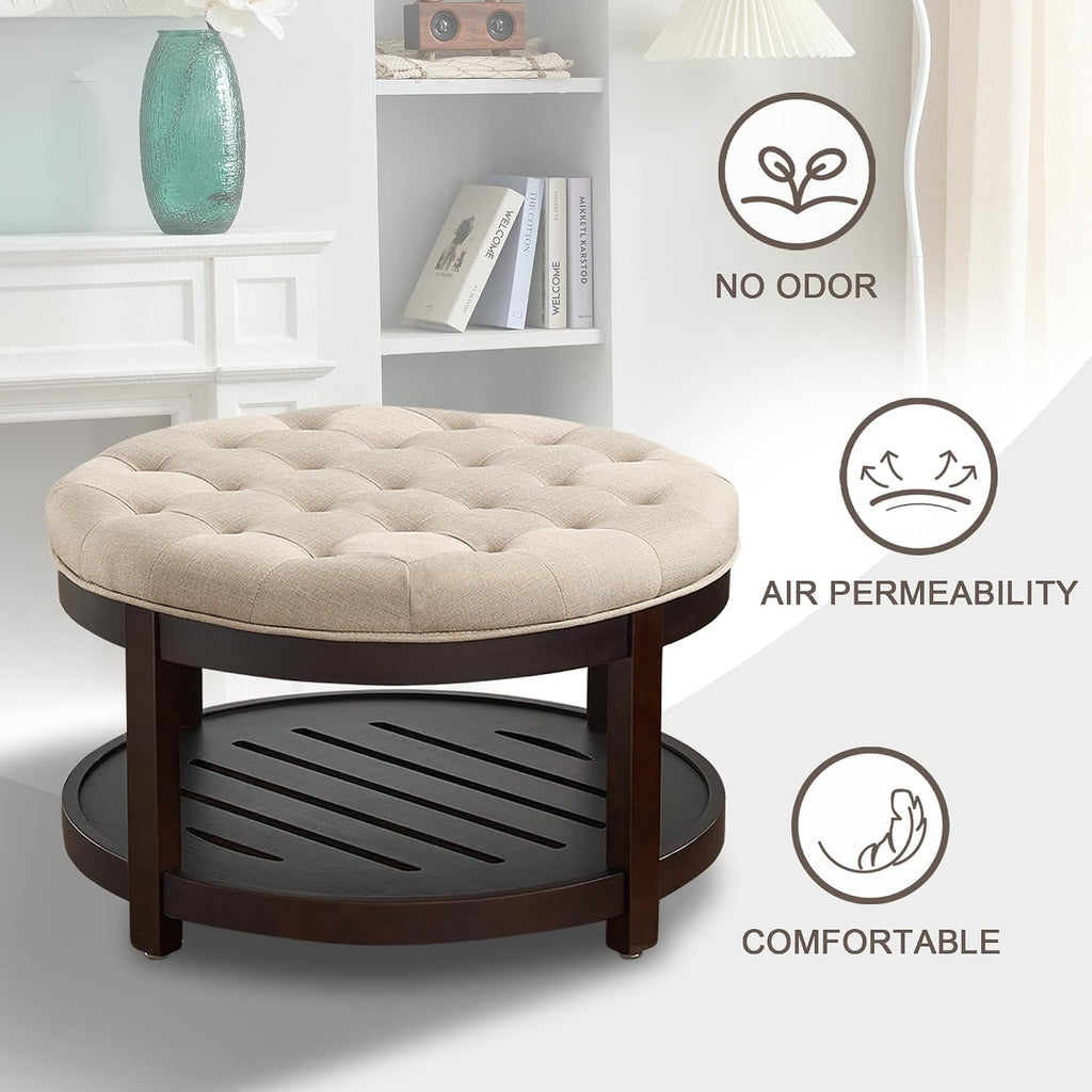 adochr Round Coffee Tables for Living Room,33’’ Storage Ottoman with Wooden Tray, Upholstered Ottoman Footrest, Light Brown