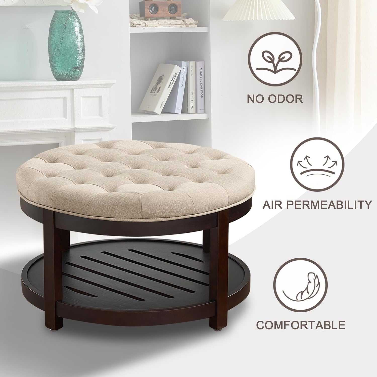 adochr Round Coffee Tables for Living Room,33’’ Storage Ottoman with Wooden Tray, Upholstered Ottoman Footrest, Light Brown