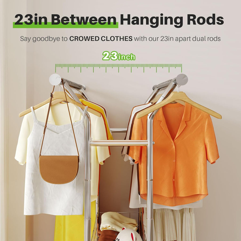 HOKEEPER Heavy Duty Clothes Rack Load 625 LBS, Clothing Rack for Hanging Clothes Adjustable Rolling Garment Rack with Wheels for Bedroom, Living Room (Double Rod with Metal Basket)