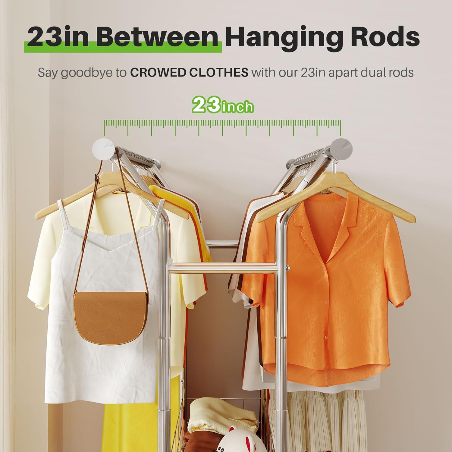 HOKEEPER Heavy Duty Clothes Rack Load 625 LBS, Clothing Rack for Hanging Clothes Adjustable Rolling Garment Rack with Wheels for Bedroom, Living Room (Double Rod with Metal Basket)