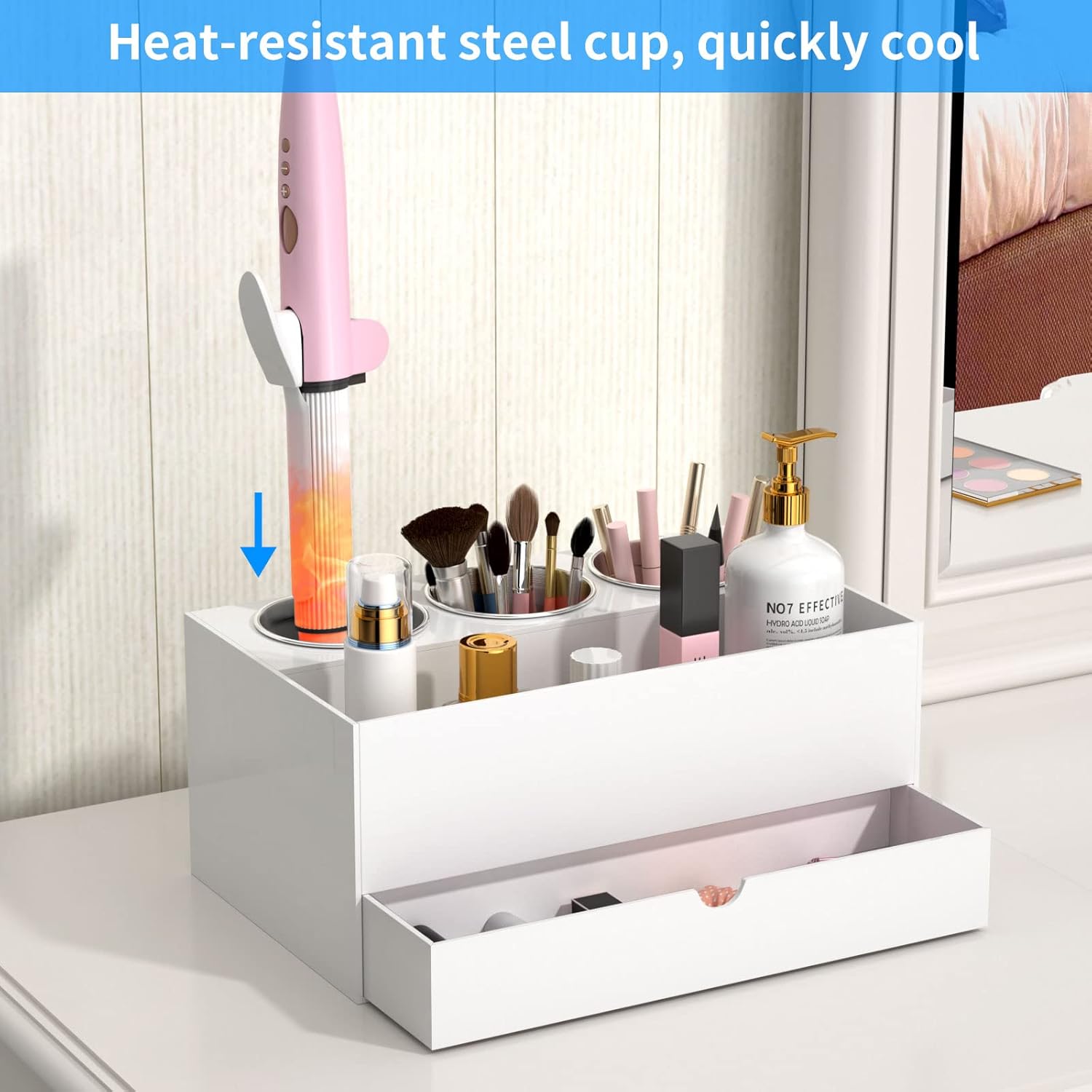 NIUBEE Hair Tool Organizer, White Acrylic Hair Dryer and Styling Organizer with Drawer, Bathroom Countertop Blow Dryer Holder, Vanity Caddy Storage Stand for Accessories, Makeup, Toiletries