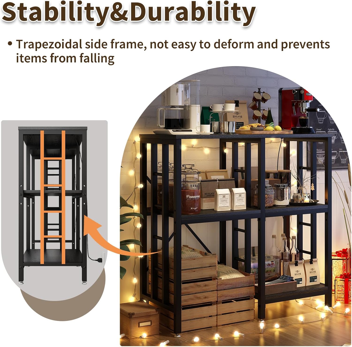 METYERRY Adjustable Kitchen Bakers Rack with Power Outlet,4-Tier Microwave Stand Kitchen Cart,Mini Fridge Stand with Storage,Bar Cabinet,Suitable for Office,Coffee Bar,Living Room,Patio, Black