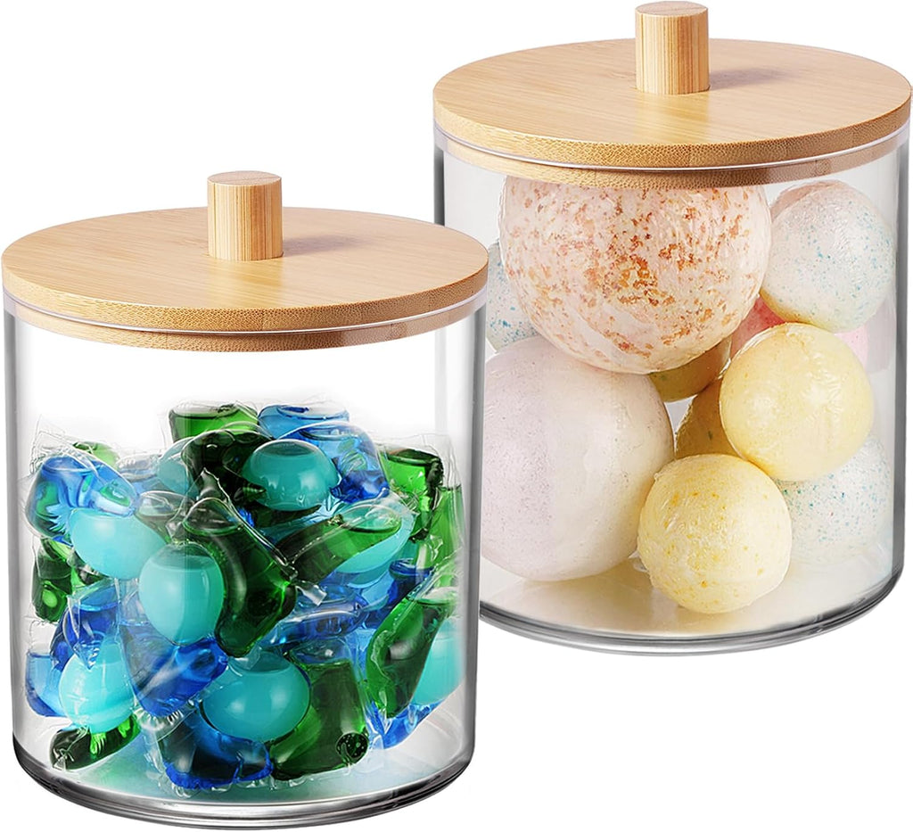 SheeChung 2 Pack 50 Oz Large Apothecary Jar with Bamboo Lid, Laundry Pods Container, Storage Jars for Bathroom Organization, Plastic Canisters with Cute Stickers Spoons(Natural)