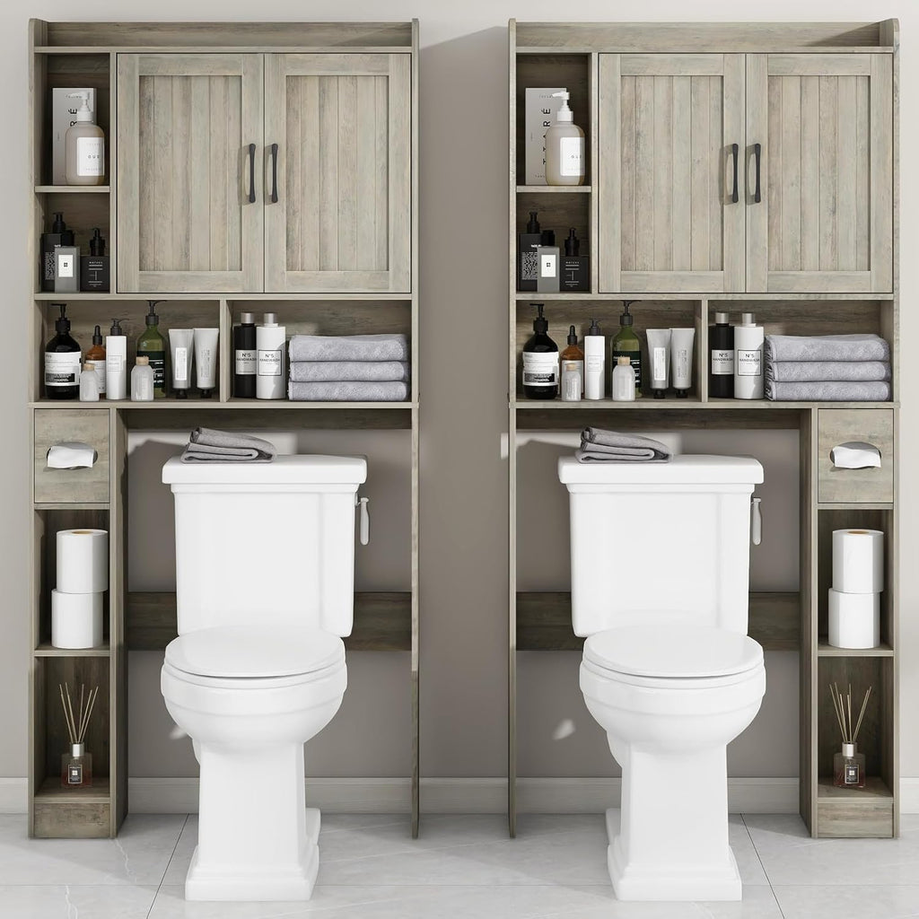 Farmhouse Storage Cabinet Over Toilet with 2 Barn Doors & Toilet Paper Holder Stand, Space-Saving Bathroom Rack