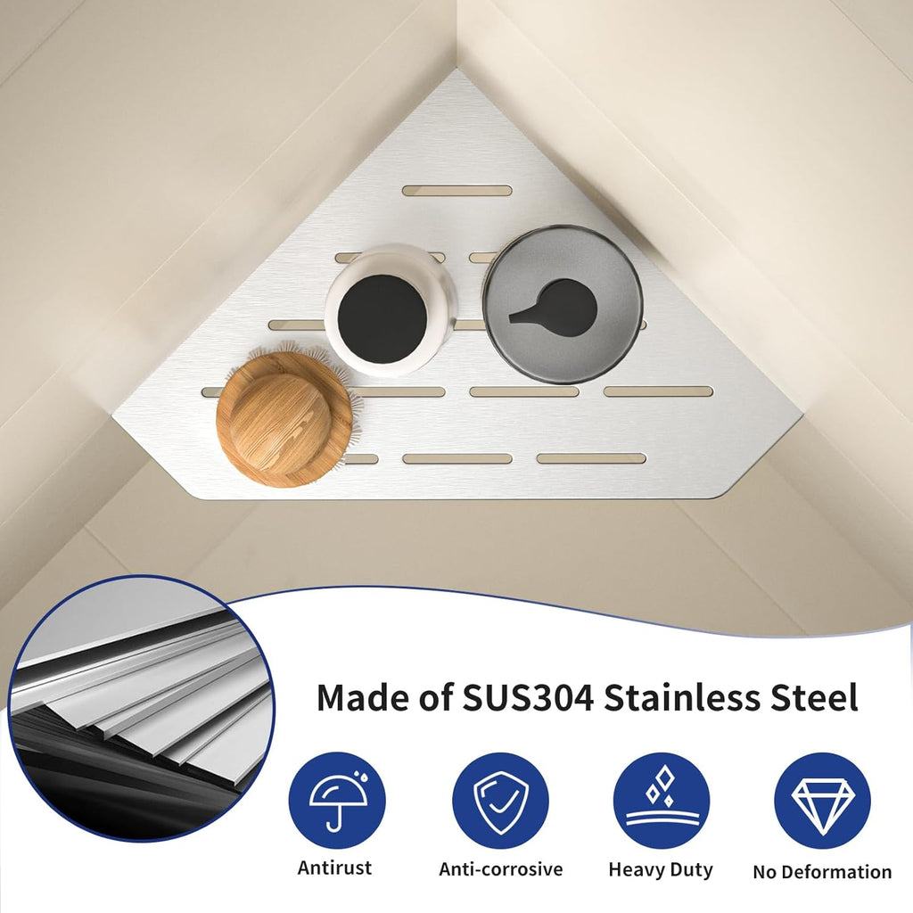 Corner Shower Shelf, 304 Stainless Steel Pentagonal Heavy Duty Floating Corner Sheves Slot Design Recessed Bathroom Shelf for Tiled Wall 2 Pack(Brushed, 8"-2 Pack)