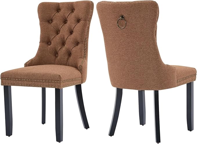 Brown Dining Chairs Set of 2, Upholstered Tufted Linen Fabric Dining Room Chairs with High Back, Nailhead Trim and Black Solid Wood Legs, Modern Dining Chair for Dining Room, Kitchen(Brown)