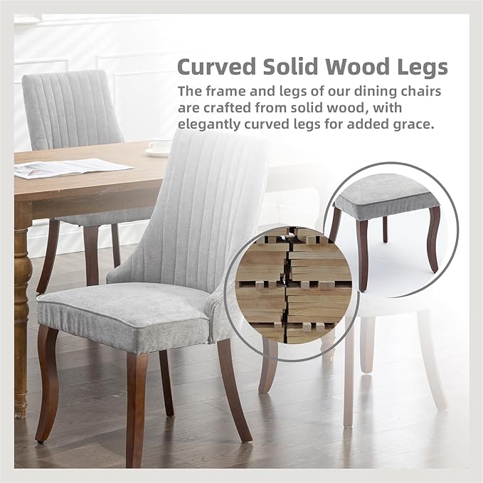 Grey Dining Chairs Set of 2，Linen Channel Tufted Kitchen Dining Room Chair with Curved Solid Wood Legs, Comfortable Fabric Upholstered Dining Chair for Dining Room, (Grey, 2pc)