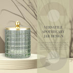 Sage Colored Tranlucent Apothecary Etched Geometric Grid Glass Jar W/Gold Metal Lid Cover for Bathroom Organization, Cotton Balls, Q Tips, and Small Accessories, Bathroom Storage