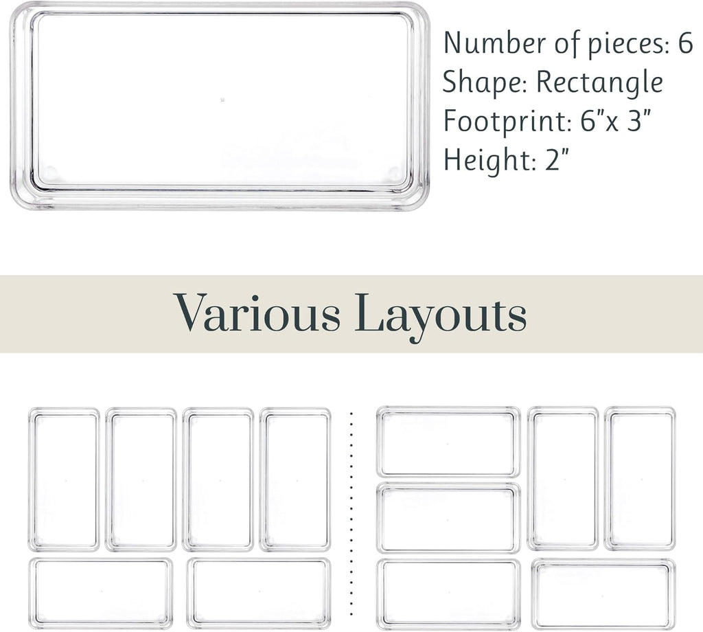 STORi SimpleSort 6-Piece Stackable Clear Drawer Organizer Set | 6" x 3" x 2" Rectangle Trays | Small Makeup Vanity Storage Bins and Office Desk Drawer Dividers | Made in USA