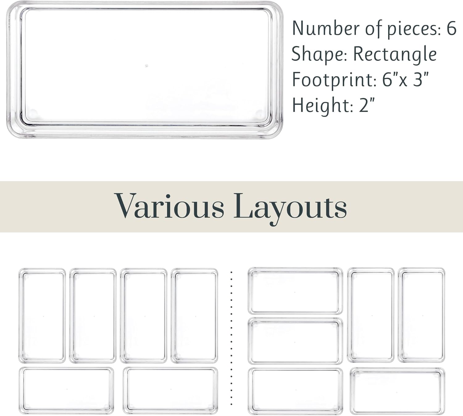 STORi SimpleSort 6-Piece Stackable Clear Drawer Organizer Set | 6" x 3" x 2" Rectangle Trays | Small Makeup Vanity Storage Bins and Office Desk Drawer Dividers | Made in USA
