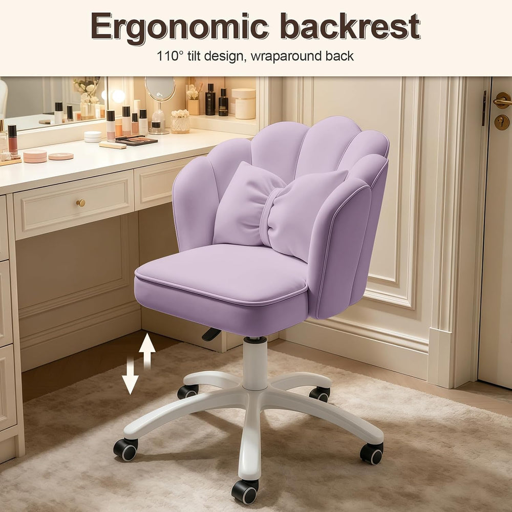 Petal Desk Chair with Bow Cushion Velvet Vanity Chair with Wheels, Upholstere...