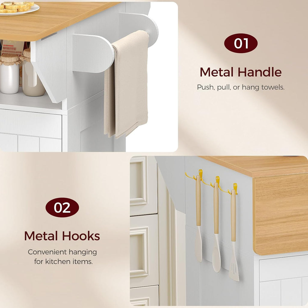 MAHANCRIS Kitchen Island on Wheels, Rolling Island Cart with Drop Leaf, Mobile Kitchen Island with Storage, Kitchen Island Table with Adjustable Shelf and Hooks, for Kitchen White and Natural KIBN9801