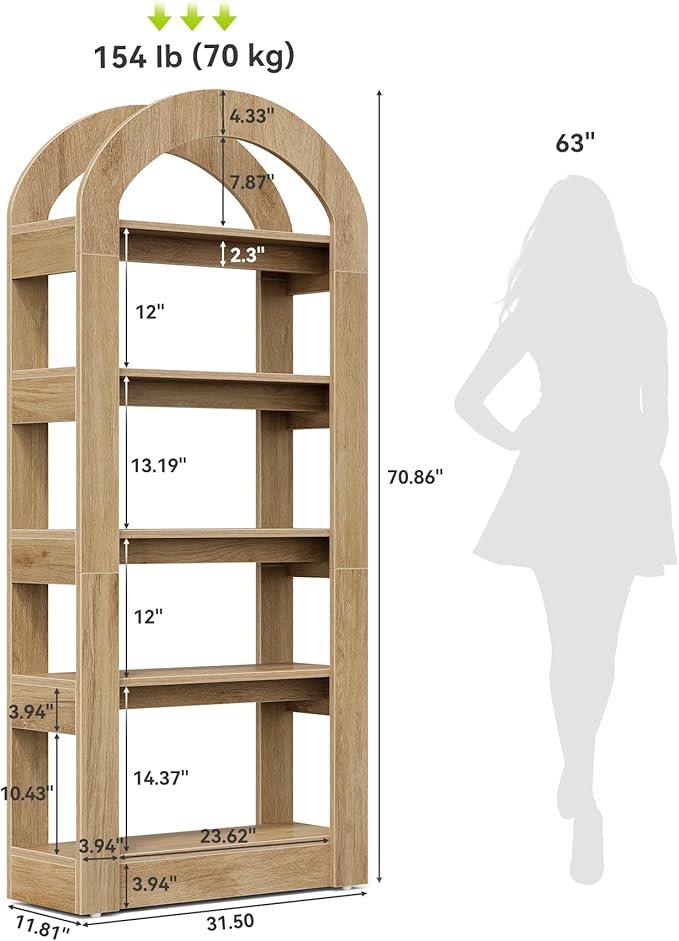 LITTLE TREE 5-Tier Bookshelf, Arch-Shaped Racks, Tall Standing Wooden Bookcase Display Shelf Modern Storage Solution (1, Teak Color)