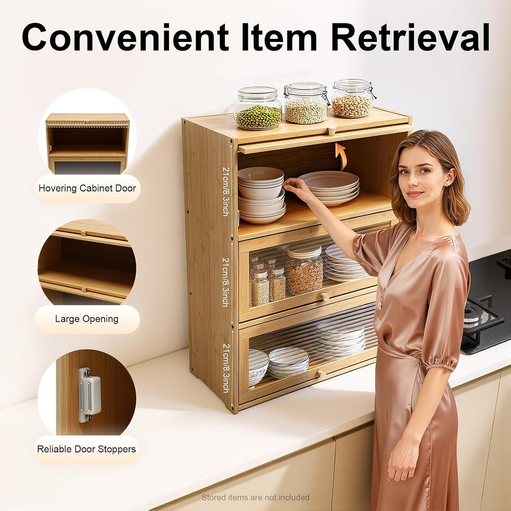Kitchen Pantry Sideboard Small Bamboo Cabinet with 3 Clear Acrylic Doors Free...