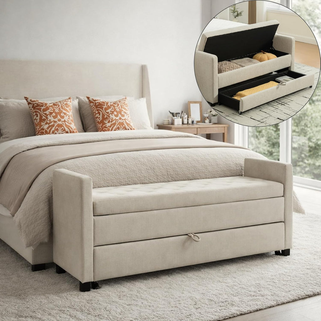 58.3" 2-Tier Storage Bench Upholstered with Drawer, Griege. | End of Bed Bench, 2-Tier Storage King Size Bench Upholstered for Bedroom, Cloakroom, Entryway, Hallway, Window.