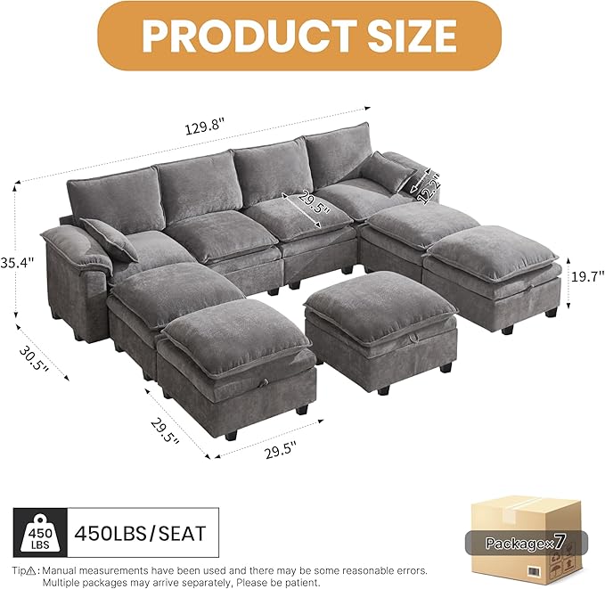 130" U Shaped Modular Sectional Sofa, Couch with Ottoman Storage, Chenille Cloud Couch with Plush Deep Seating for Living Room, Bedroom (Light Grey, 9 Seat)