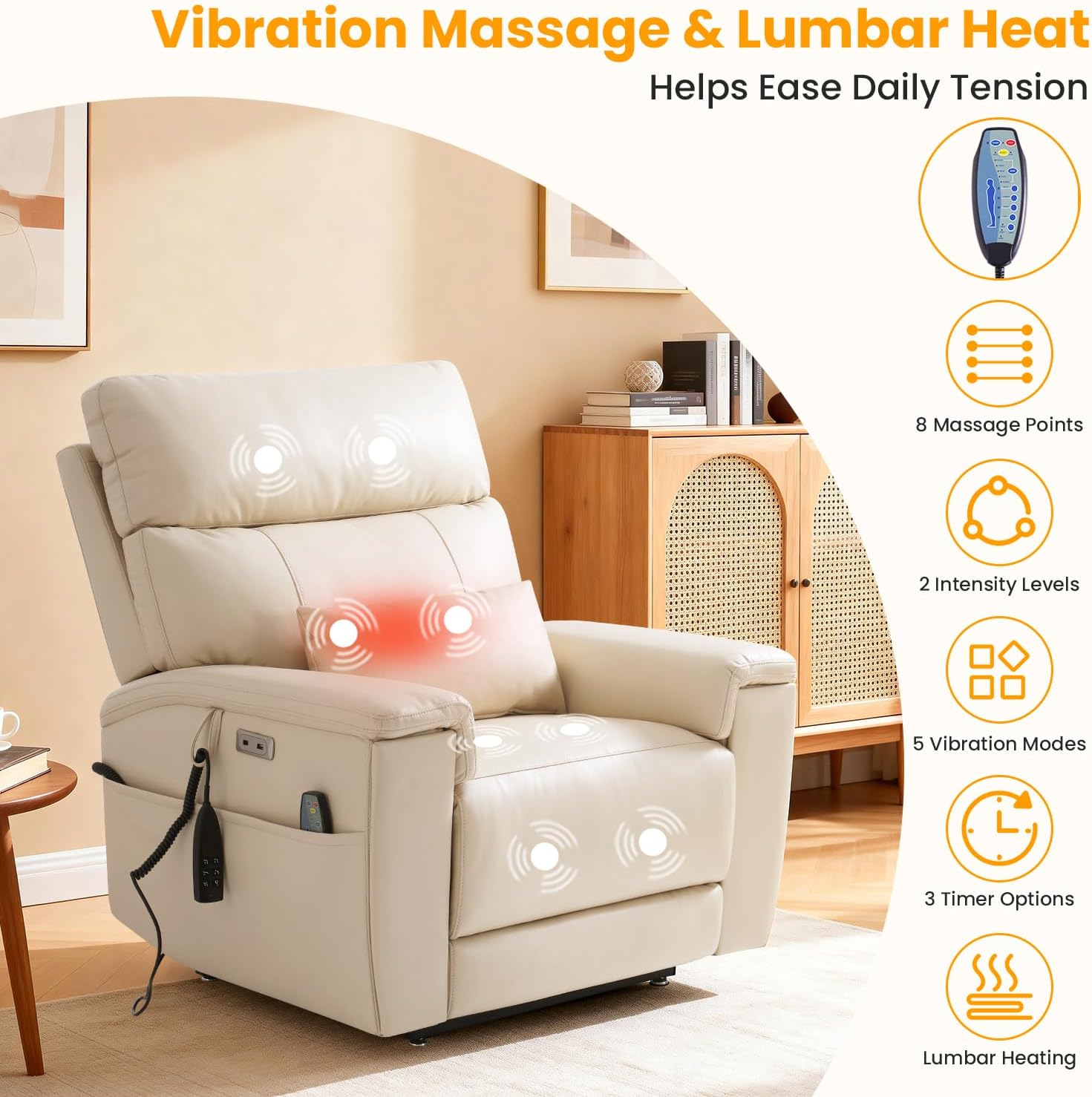 Triple Motor Power Lift Recliner Chair for Elderly, Lay Flat Lift Chair | Power Headrest, Vibration Massage & Heat, Infinite Position, Pockets & USB, Lumbar Pillow, Cup Holders, Premium Leather,Beige
