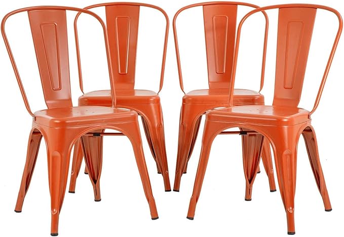 FDW | Set of 4 Metal Dining Chairs | Orange | Stackable Tolix Side Chairs wit...