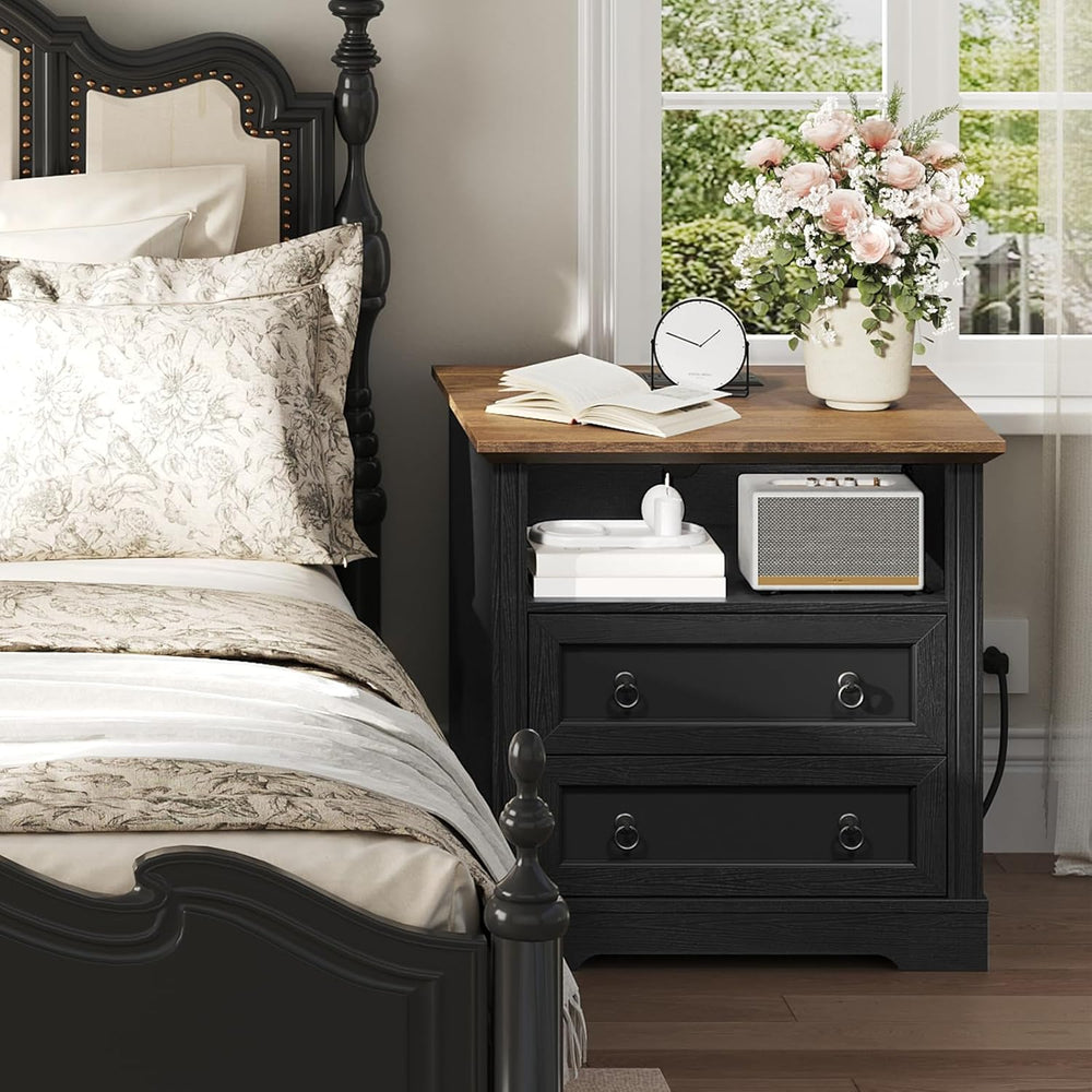 Farmhouse Nightstand with Charging Station, Wooden Bedside End Table with 2 D...